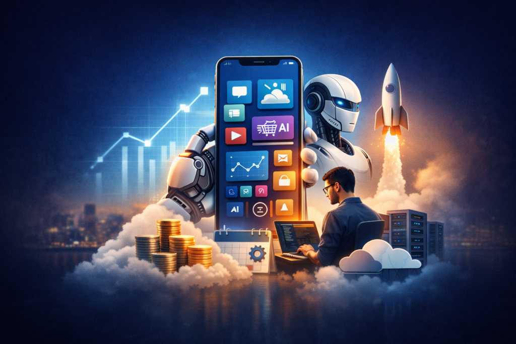 Futuristic banner image illustrating mobile app development cost in 2026, showing a central smartphone with AI technology, a developer coding, cloud infrastructure, growth charts, and coins—representing app development pricing, MVP planning, and ROI for iOS, Android, and cross-platform apps.