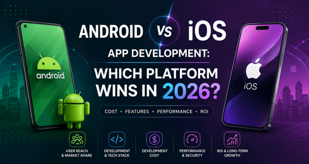 Android vs iOS app development comparison in 2026 covering development cost, performance, features, user reach, security, and ROI.