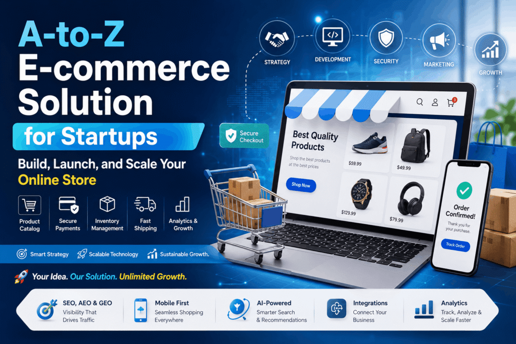 E-commerce solutions graphic for startups featuring a laptop with an online store, mobile order confirmation, shopping cart, product boxes, and services including strategy, development, security, marketing, payments, inventory, shipping, SEO, AI, integrations, analytics, and growth.