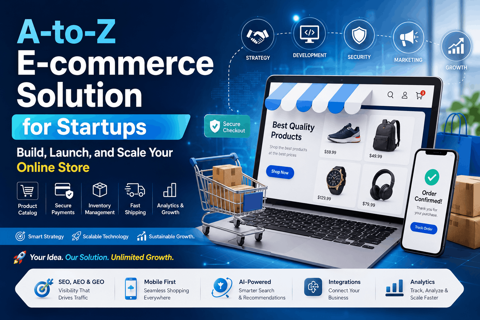 E-commerce solutions graphic for startups featuring a laptop with an online store, mobile order confirmation, shopping cart, product boxes, and services including strategy, development, security, marketing, payments, inventory, shipping, SEO, AI, integrations, analytics, and growth.