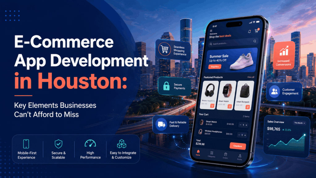 E-commerce app development in Houston banner featuring a mobile shopping app, Houston skyline, secure payments, delivery, analytics, and customer engagement features.