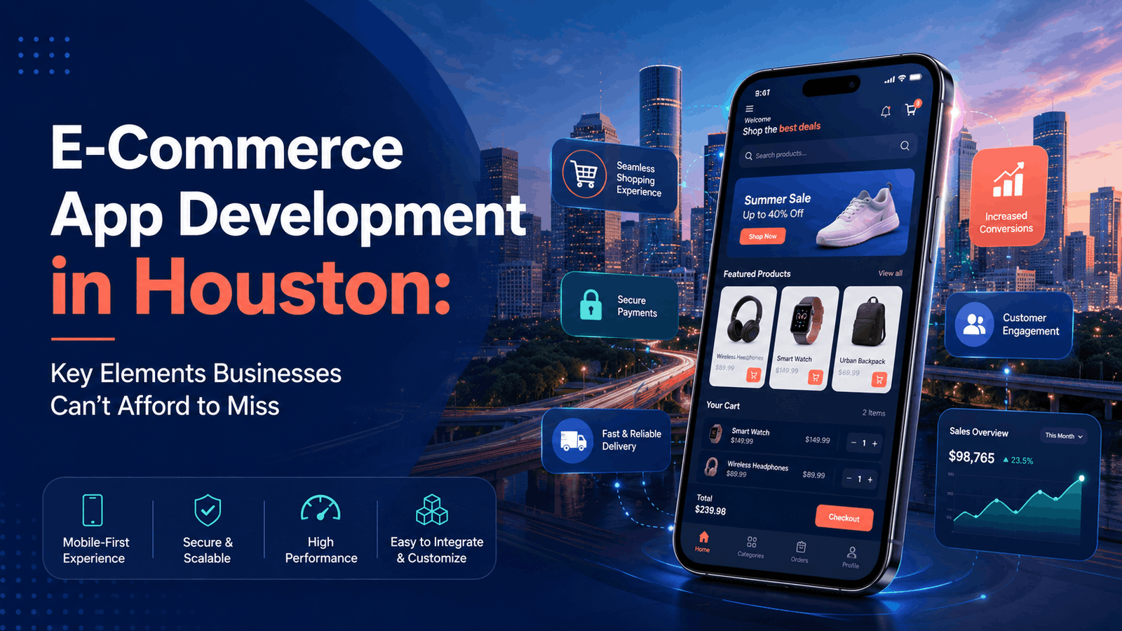 E-commerce app development in Houston banner featuring a mobile shopping app, Houston skyline, secure payments, delivery, analytics, and customer engagement features.