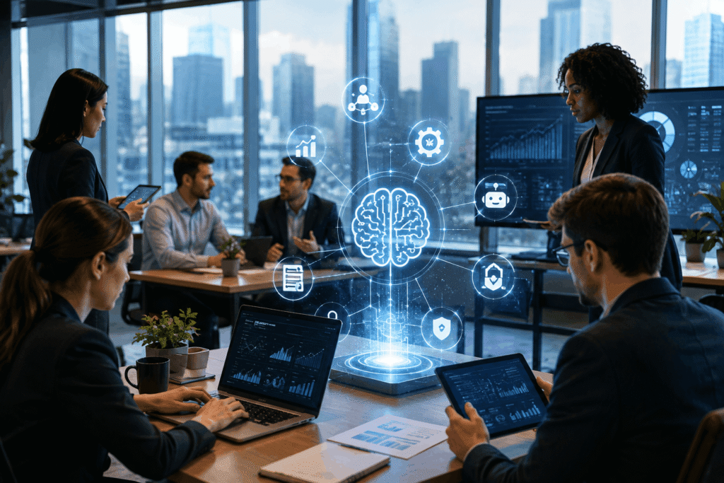 Business professionals discussing AI strategy around a glowing digital brain in a modern corporate office.