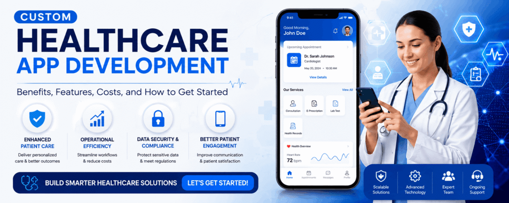 Custom Healthcare App Development banner featuring a doctor using a mobile healthcare application with icons highlighting patient care, operational efficiency, data security, compliance, and patient engagement.