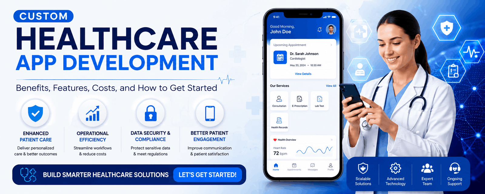Custom Healthcare App Development banner featuring a doctor using a mobile healthcare application with icons highlighting patient care, operational efficiency, data security, compliance, and patient engagement.