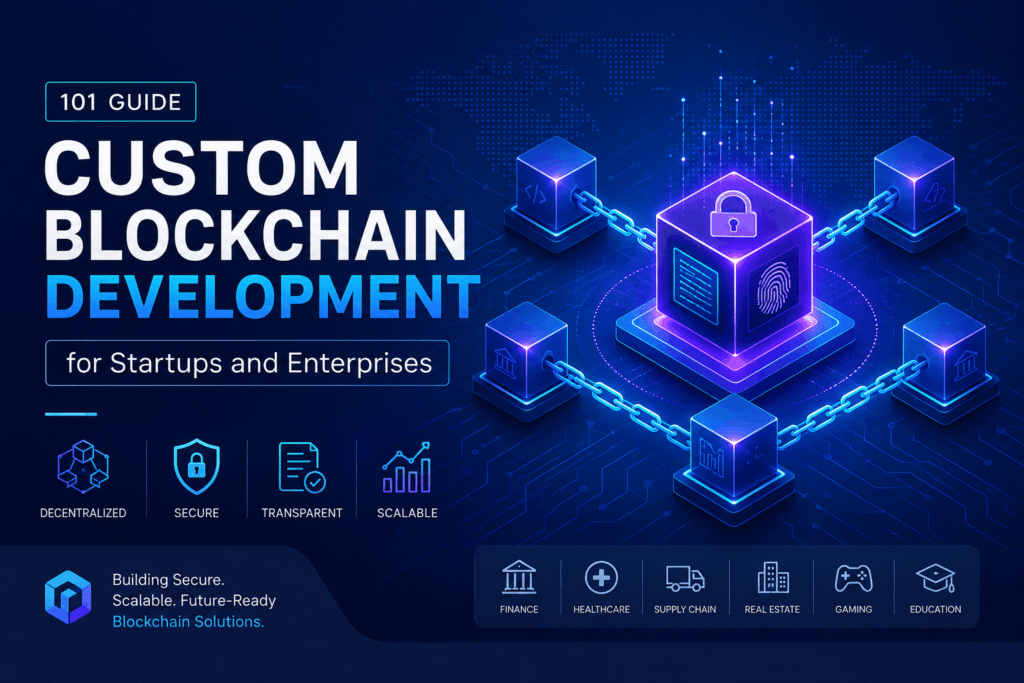 Custom blockchain development network for startups and enterprises featuring secure, transparent, decentralized, and scalable blockchain solutions.