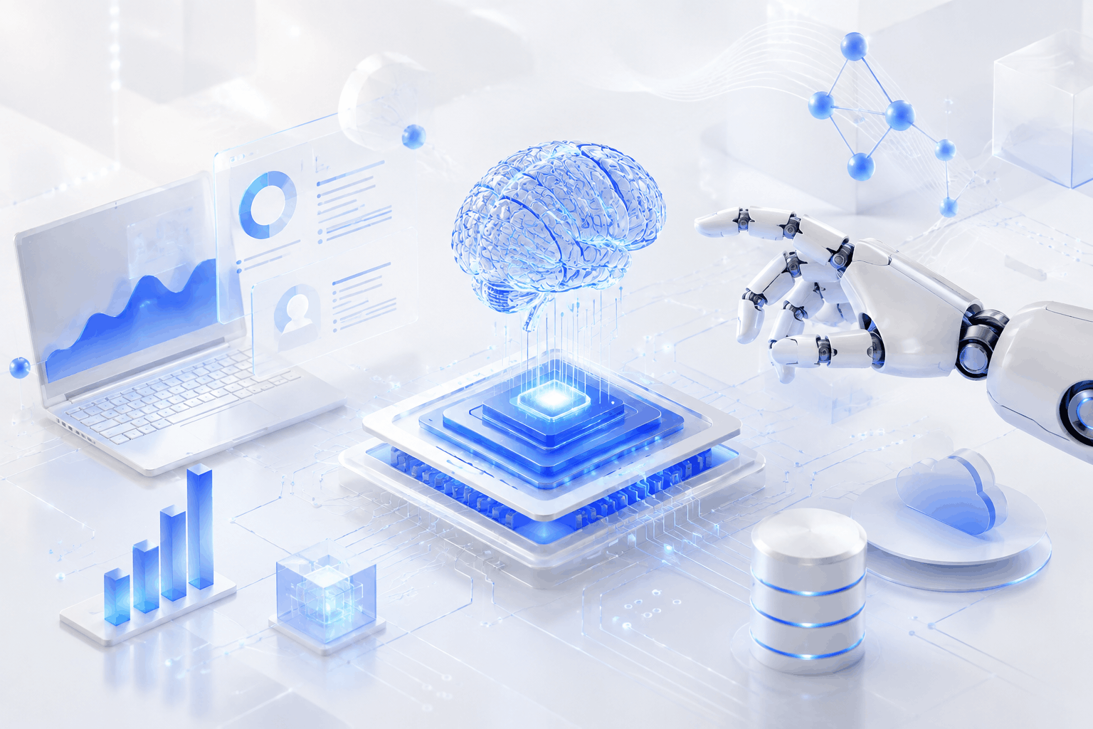 Futuristic AI brain, robotic hand, cloud computing, and data analytics representing App Vertices’ AI development services.