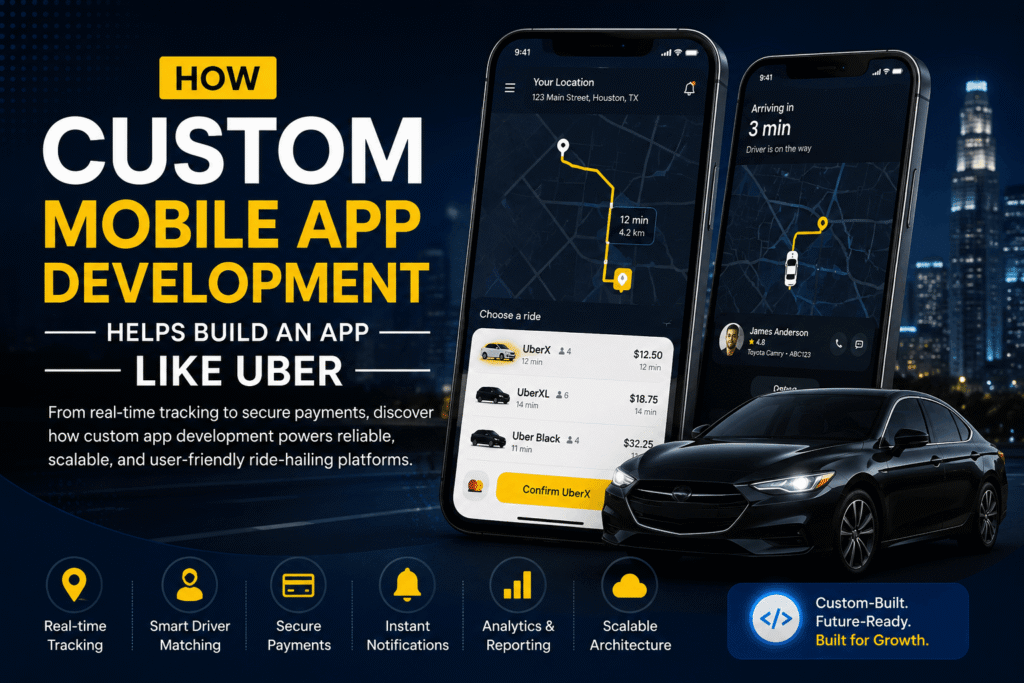 Custom mobile app development for an Uber-like app with GPS tracking, driver matching, secure payments, and scalable architecture.